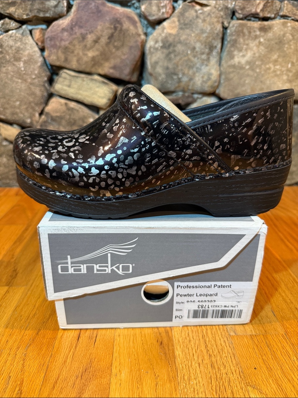 Dansko Patent Clog in Black with Pewter Leopard size 40